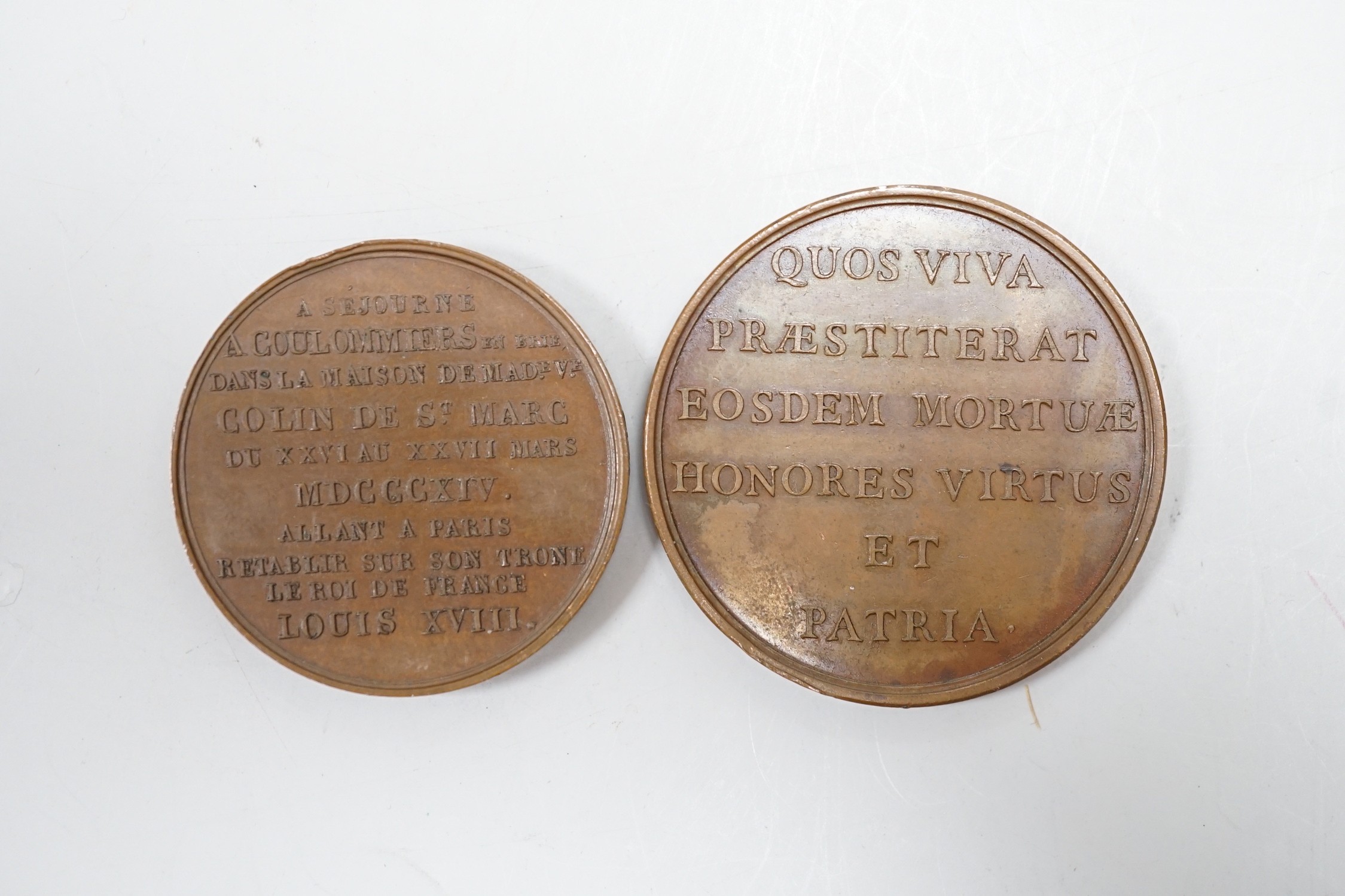 Two 18th/19th century Russia commemorative medals – a Death of Princess Tatiano Galitsyn copper medal 1757 and an Alexander I Visit to Paris bronze medal 1814